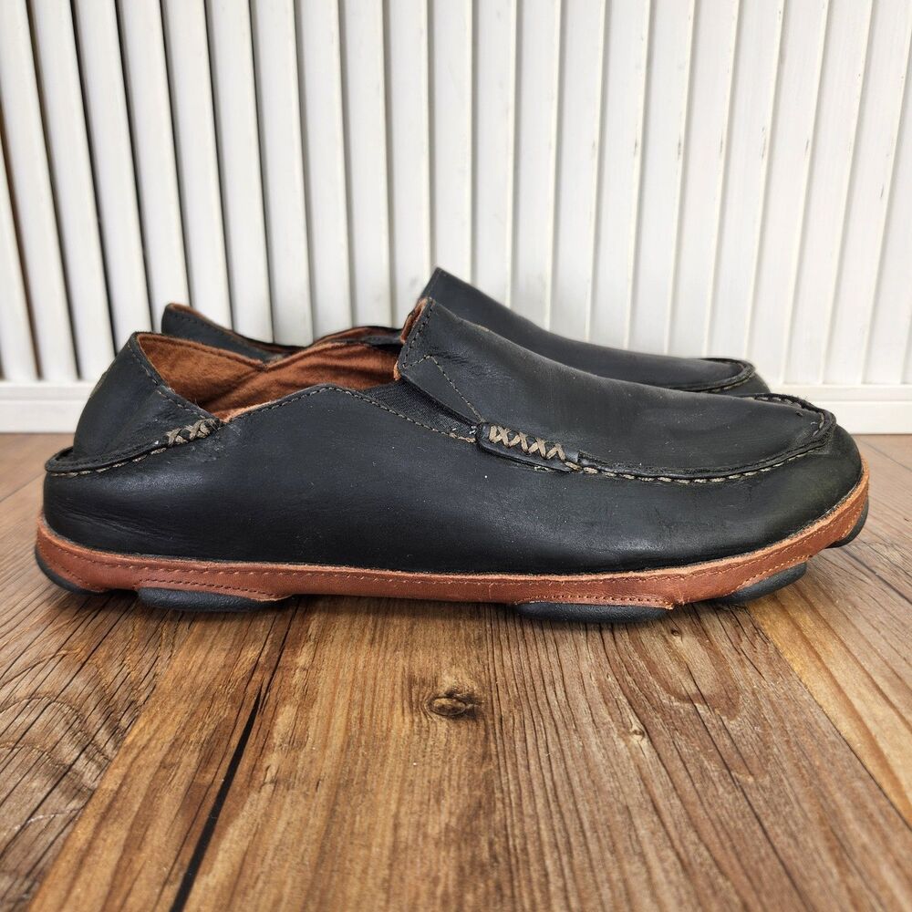 Olukai Moloa Leather Slip On Shoes Mens Sz 10 Black Brown Casual Moc Toe Loafers